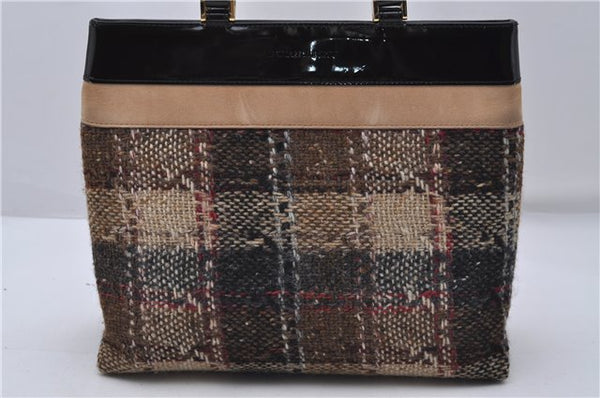 Authentic BURBERRY Check Hand Tote Bag Tweed Enamel Brown Black 8050D