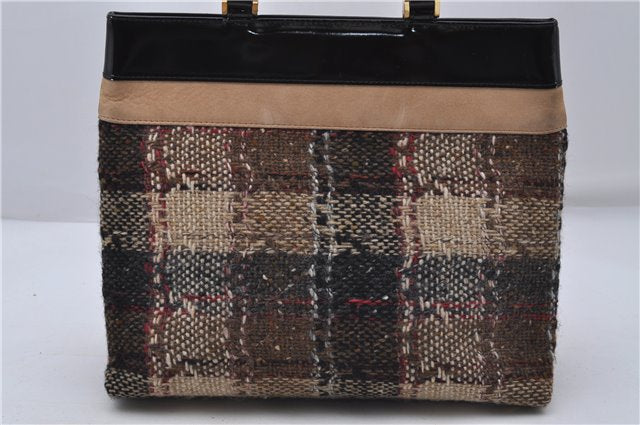 Authentic BURBERRY Check Hand Tote Bag Tweed Enamel Brown Black 8050D