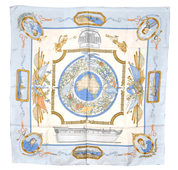 Authentic HERMES Carre 90 Scarf "LE GEOGRAPHE" Silk Light Blue 8081F