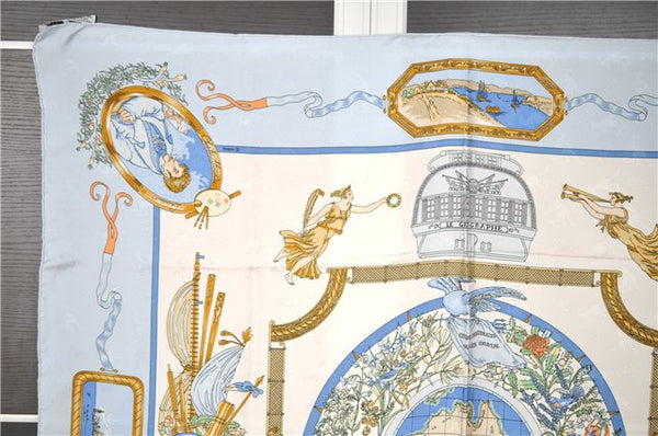 Authentic HERMES Carre 90 Scarf "LE GEOGRAPHE" Silk Light Blue 8081F