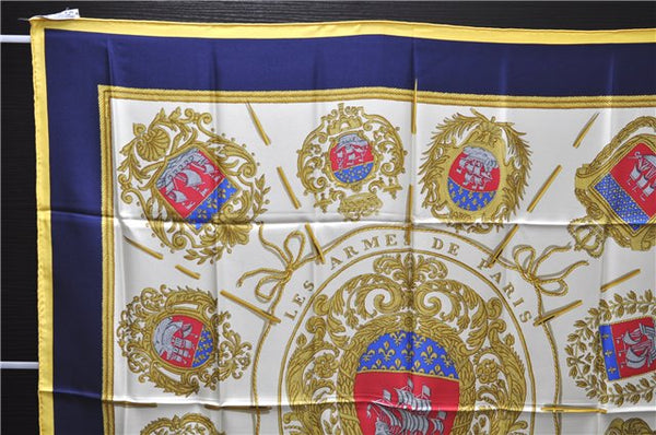 Authentic HERMES Carre 90 Scarf "LES ARMES DE PARIS" Silk Yellow Navy PB 8097E