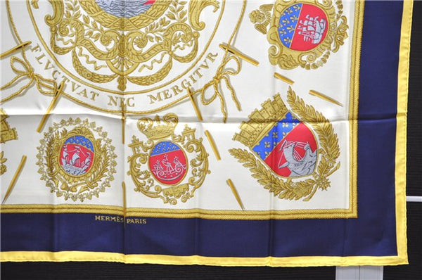 Authentic HERMES Carre 90 Scarf "LES ARMES DE PARIS" Silk Yellow Navy PB 8097E