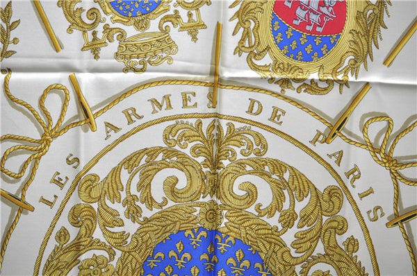 Authentic HERMES Carre 90 Scarf "LES ARMES DE PARIS" Silk Yellow Navy PB 8097E