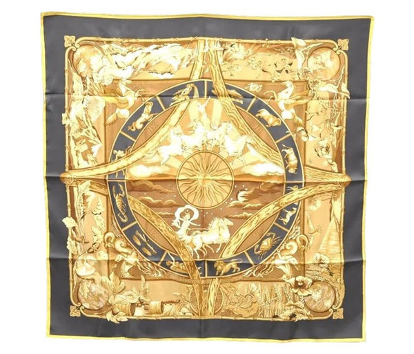 Authentic HERMES Carre 90 Scarf "RYTHMES DU MONDE" Silk Yellow Box 8105D