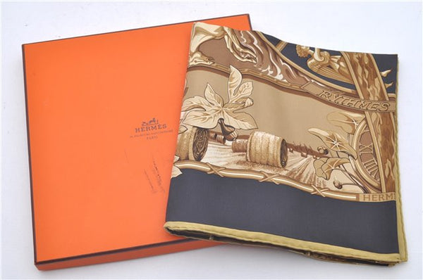 Authentic HERMES Carre 90 Scarf "RYTHMES DU MONDE" Silk Yellow Box 8105D