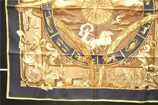 Authentic HERMES Carre 90 Scarf "RYTHMES DU MONDE" Silk Yellow Box 8105D