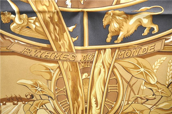 Authentic HERMES Carre 90 Scarf "RYTHMES DU MONDE" Silk Yellow Box 8105D
