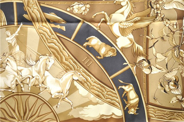 Authentic HERMES Carre 90 Scarf "RYTHMES DU MONDE" Silk Yellow Box 8105D