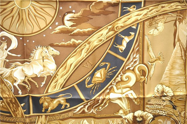 Authentic HERMES Carre 90 Scarf "RYTHMES DU MONDE" Silk Yellow Box 8105D