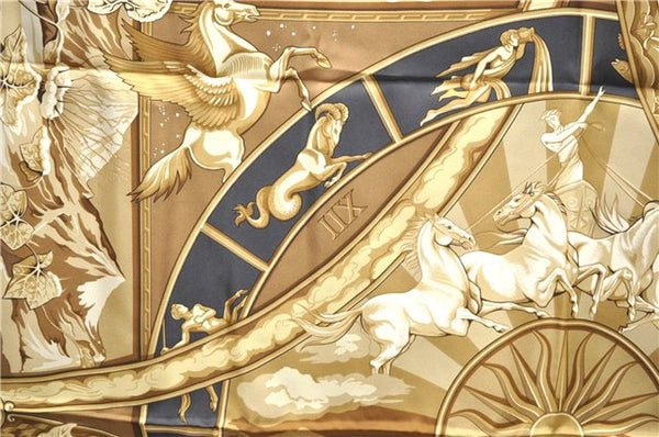 Authentic HERMES Carre 90 Scarf "RYTHMES DU MONDE" Silk Yellow Box 8105D