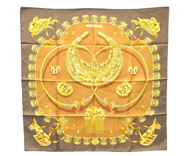 Authentic HERMES Carre 90 Scarf "LES CAVALIERS D'OR" Silk Brown 8106D