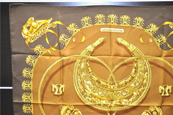 Authentic HERMES Carre 90 Scarf "LES CAVALIERS D'OR" Silk Brown 8106D