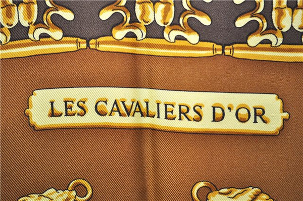 Authentic HERMES Carre 90 Scarf "LES CAVALIERS D'OR" Silk Brown 8106D