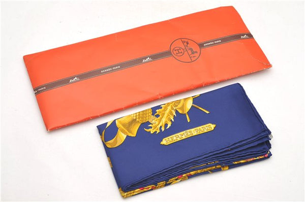 Authentic HERMES Carre 90 Scarf "BRITISH HERALDRY" Silk Blue Paper Bag 8111D