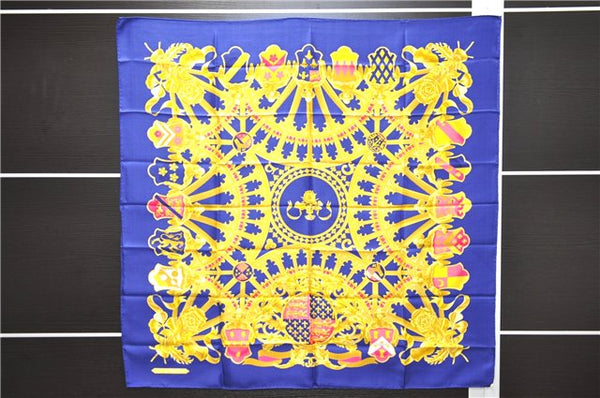 Authentic HERMES Carre 90 Scarf "BRITISH HERALDRY" Silk Blue Paper Bag 8111D