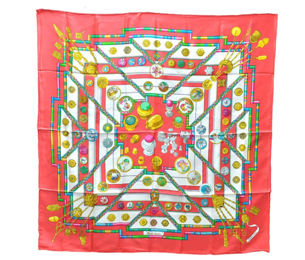 Authentic HERMES Carre 90 Scarf "Pelile main" Silk Red Paper Bag 8113D