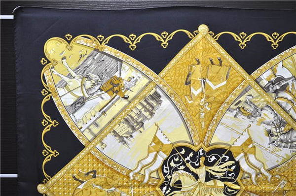 Authentic HERMES Carre 90 Scarf "LA VIE a CHEVAL" Silk Black Box 8116E