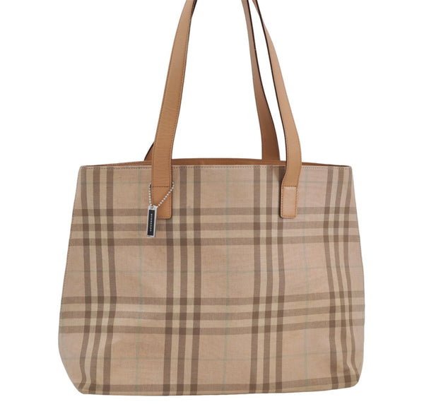Authentic BURBERRY Check Shoulder Tote Bag Canvas Leather Beige 8117D