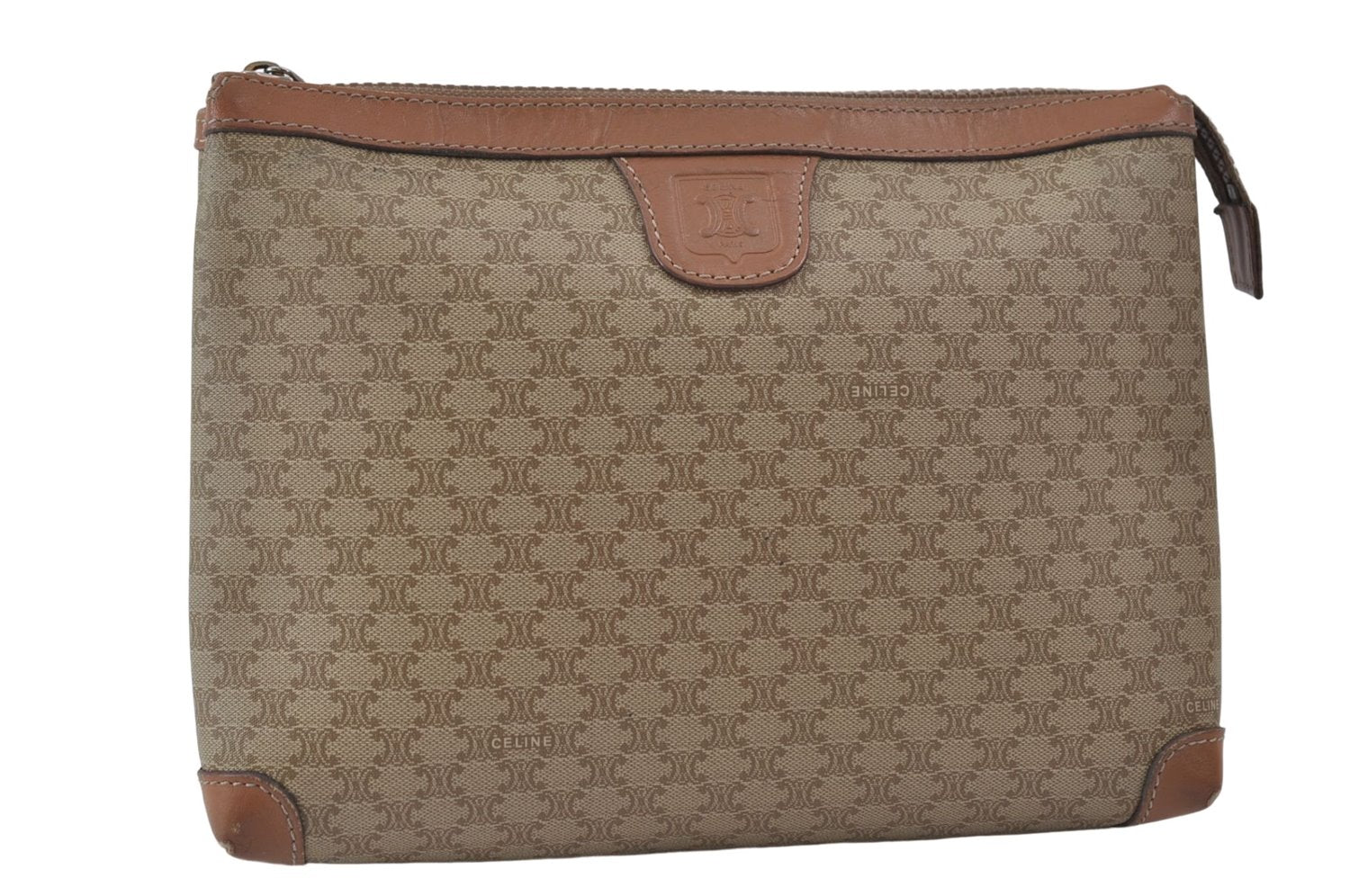 Authentic CELINE Macadam Blason Pattern Clutch Hand Bag PVC Leather Beige 8120D