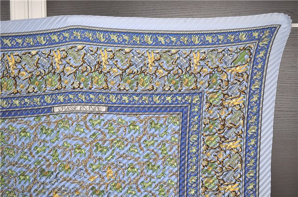 Authentic HERMES Pleats Scarf "CHASSE EN INDE" Silk Light Blue 8122F