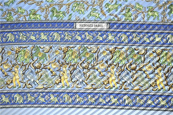 Authentic HERMES Pleats Scarf "CHASSE EN INDE" Silk Light Blue 8122F