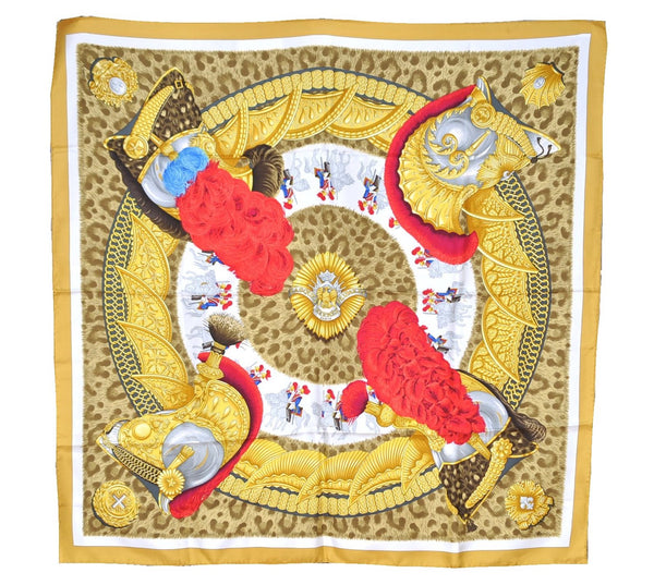 Authentic HERMES Carre 90 Scarf "CASQUES et PLUMETS" Silk Yellow 8126F