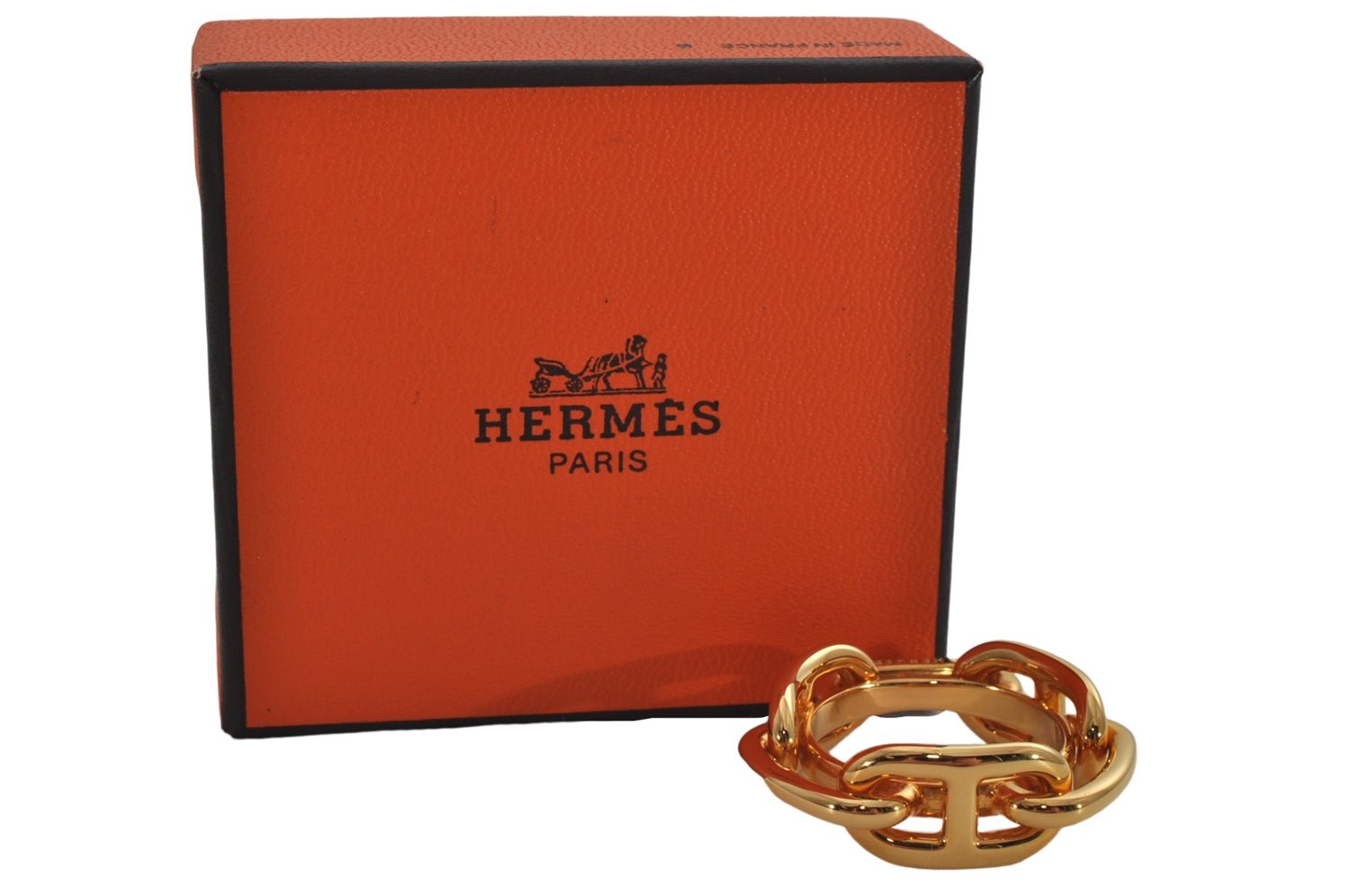 Authentic HERMES Scarf Ring Chaine d'Ancre Chain Design Gold Tone Box 8144E