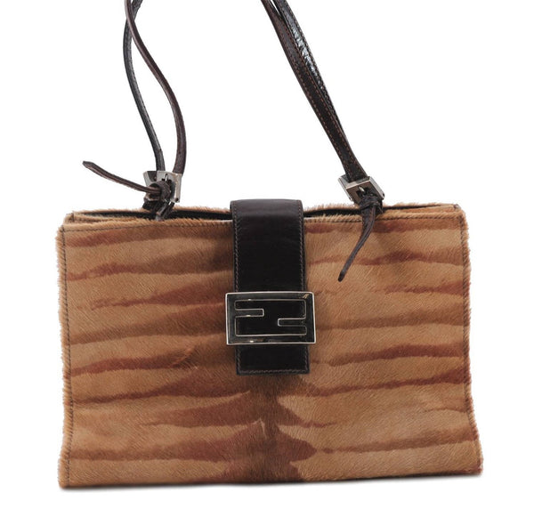 Authentic FENDI Shoulder Hand Bag Purse Unborn Calf Leather Brown Junk 8146C