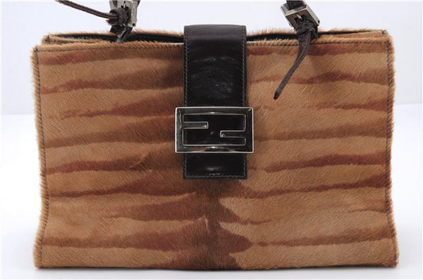 Authentic FENDI Shoulder Hand Bag Purse Unborn Calf Leather Brown Junk 8146C