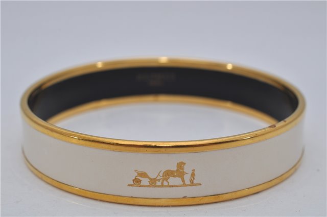 Authentic HERMES Email PM Bangle Carriage Motif Gold White 8147E