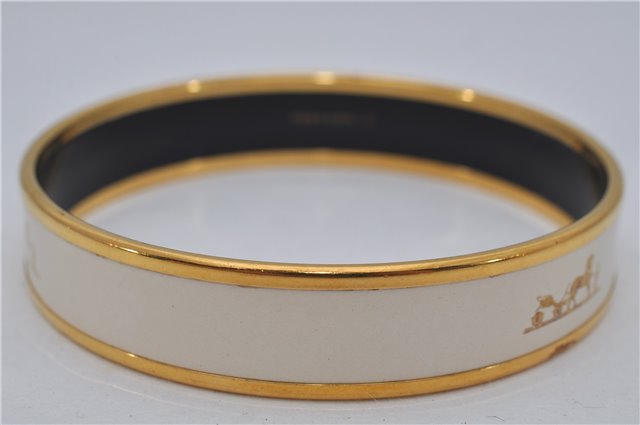 Authentic HERMES Email PM Bangle Carriage Motif Gold White 8147E