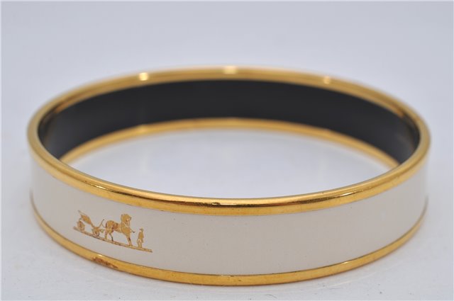 Authentic HERMES Email PM Bangle Carriage Motif Gold White 8147E