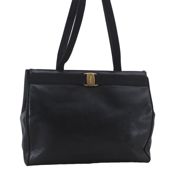 Authentic Salvatore Ferragamo Vara Leather Shoulder Tote Bag Black SF 8170D