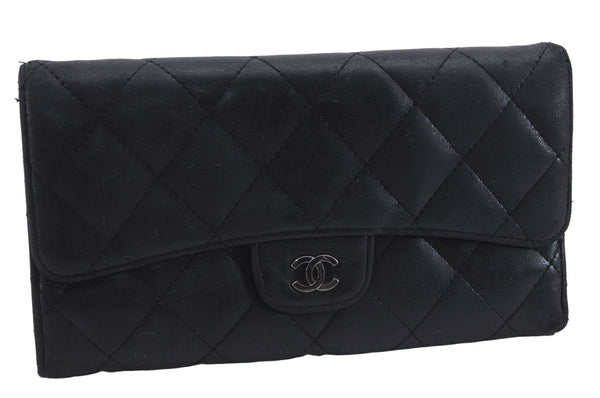 Authentic CHANEL Lamb Skin Matelasse Long Wallet Purse Black CC 8172D