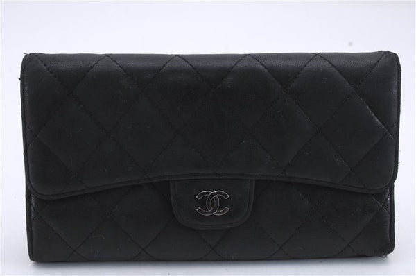 Authentic CHANEL Lamb Skin Matelasse Long Wallet Purse Black CC 8172D