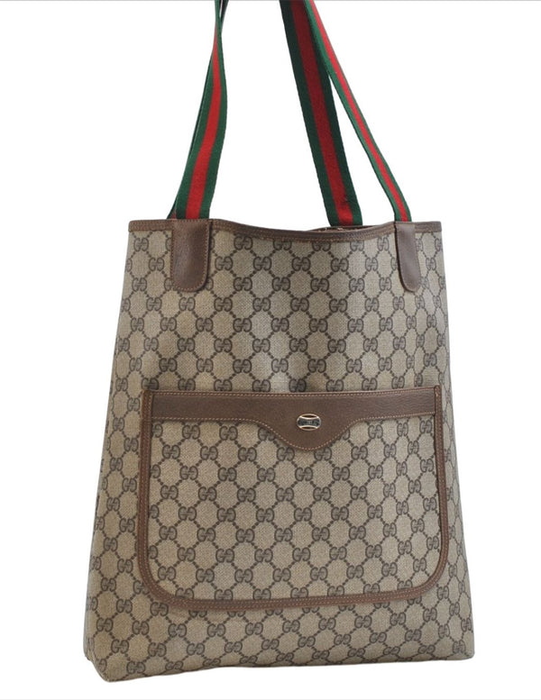 Authentic GUCCI Web Sherry Line Shoulder Tote Bag GG PVC Leather Brown 8190E