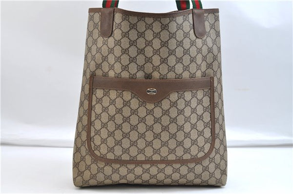 Authentic GUCCI Web Sherry Line Shoulder Tote Bag GG PVC Leather Brown 8190E