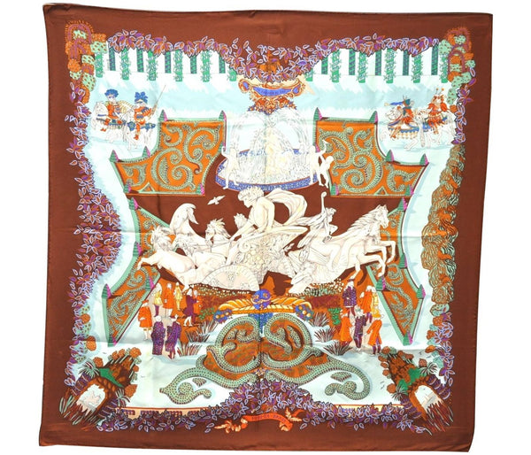 Authentic HERMES Carre 90 Scarf "LE PARADIS DU ROY" Silk Brown 8205C