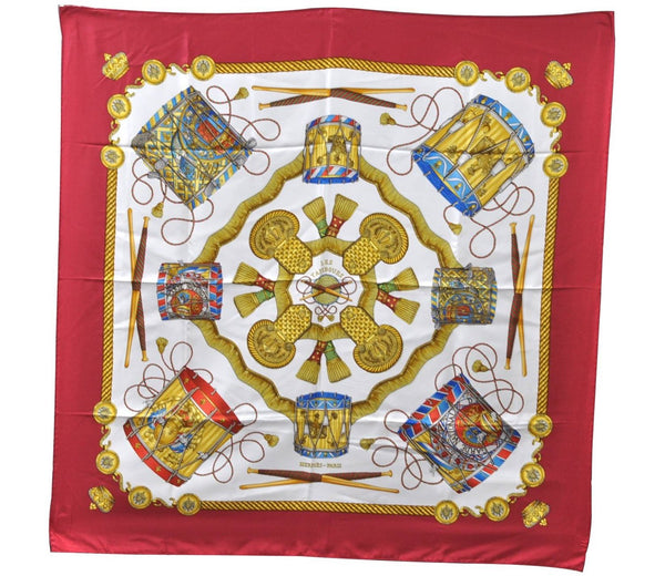 Authentic HERMES Carre 90 Scarf "LES TAMBOURS" Silk Red 8212C