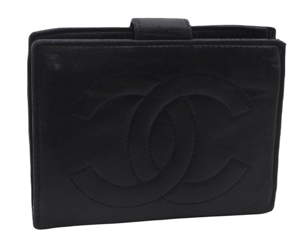 Authentic CHANEL Calf Skin CoCo Mark Bifold Wallet Purse Black 8227B