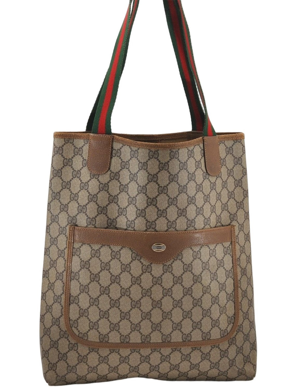 Authentic GUCCI Web Sherry Line Shoulder Tote Bag GG PVC Leather Brown 8229D