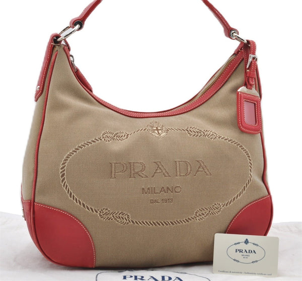 Authentic PRADA Logo Jacquard Canvas Leather Shoulder Bag BR3422 Beige 8248F