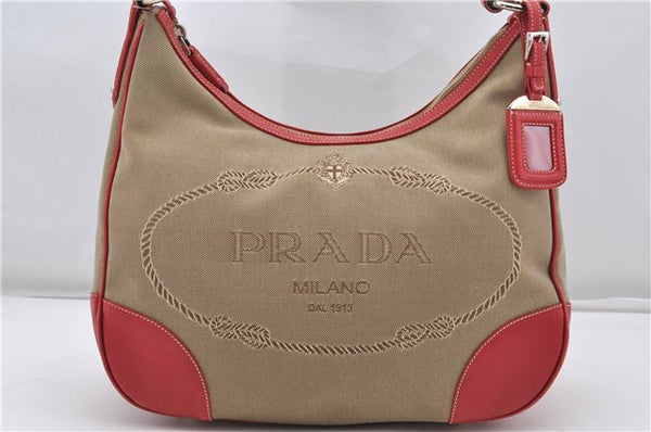 Authentic PRADA Logo Jacquard Canvas Leather Shoulder Bag BR3422 Beige 8248F