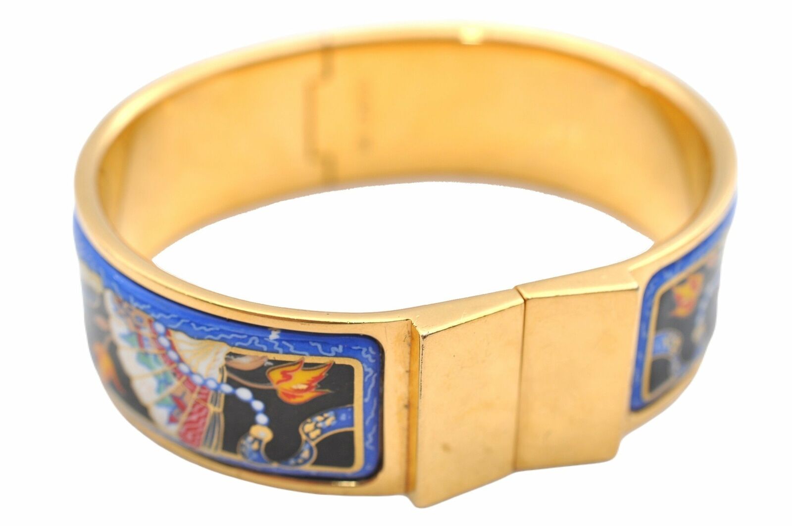 Authentic HERMES Email GM Bangle Fan Motif Gold Blue Black 8276A