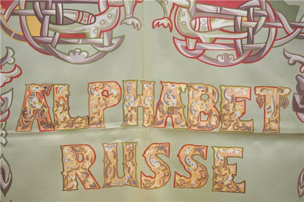 Authentic HERMES Carre 90 Scarf "ALPHABET RUSSE" Silk Light Green 8288F