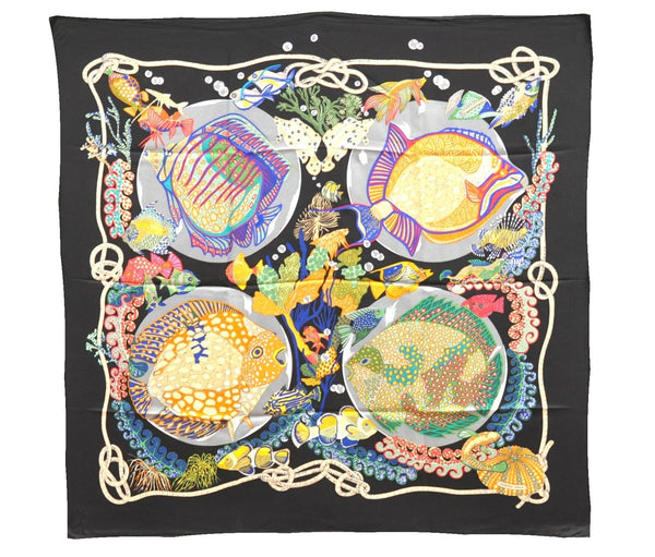 Authentic HERMES Carre 90 Scarf "GRANDS FONDS" Silk Black 8289F