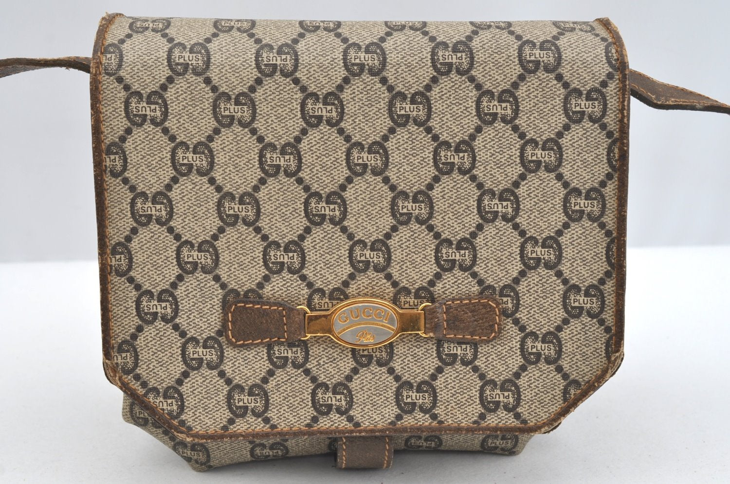Authentic GUCCI GG Plus Shoulder Cross Body Bag GG PVC Leather Brown Junk 8292H