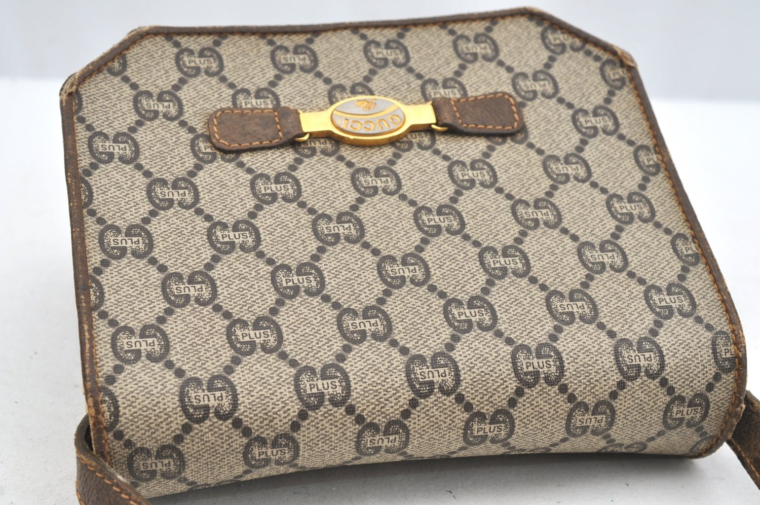 Authentic GUCCI GG Plus Shoulder Cross Body Bag GG PVC Leather Brown Junk 8292H