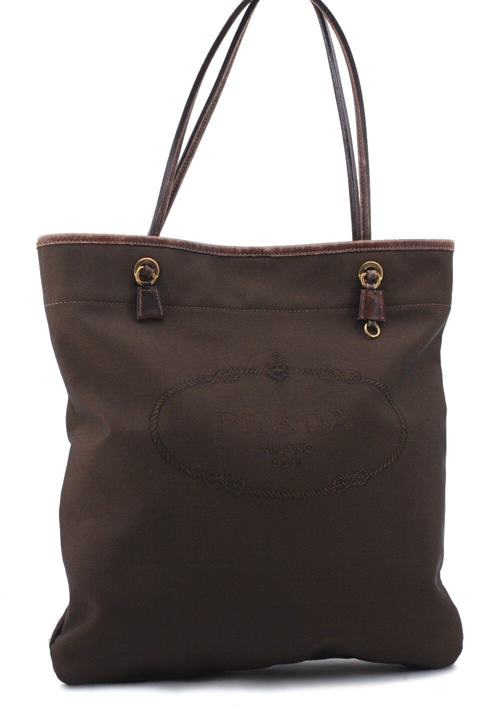 Authentic PRADA Canvas Leather Shoulder Tote Bag Brown 8351B