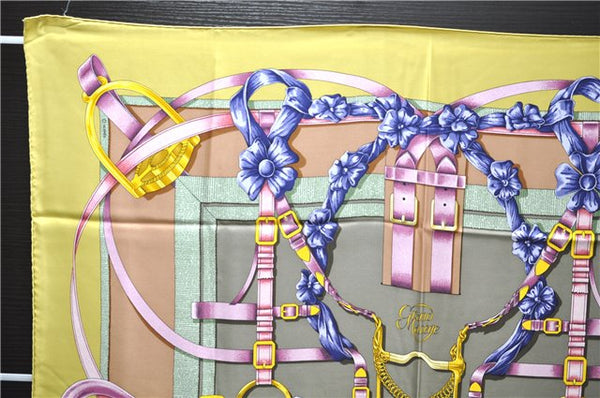 Authentic HERMES Carre 90 Scarf "Grand Manage" Silk Yellow Gray 8371E